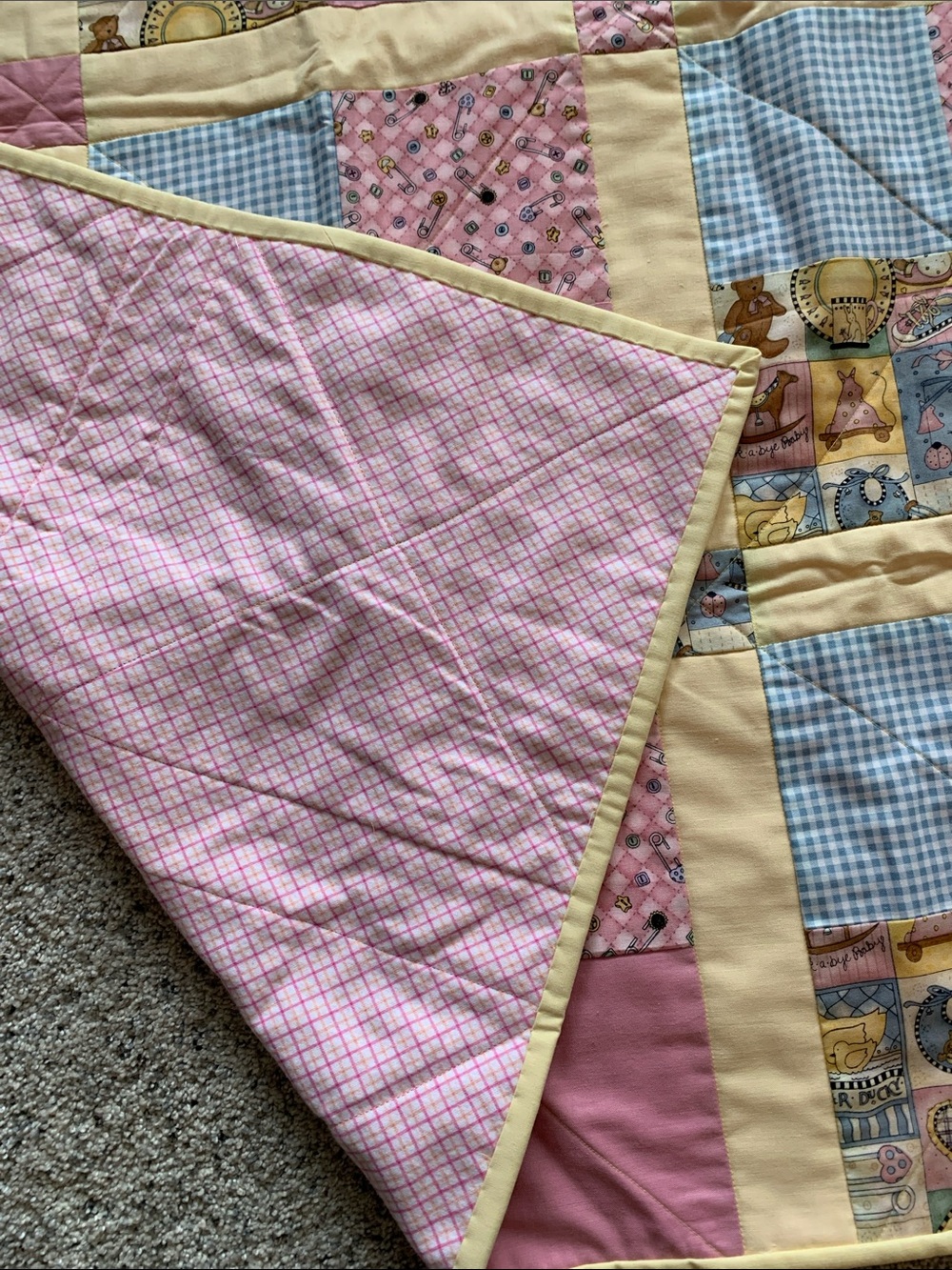 Handmade Pink and Yellow Patchwork Baby Quilt - Picture 3 of 3